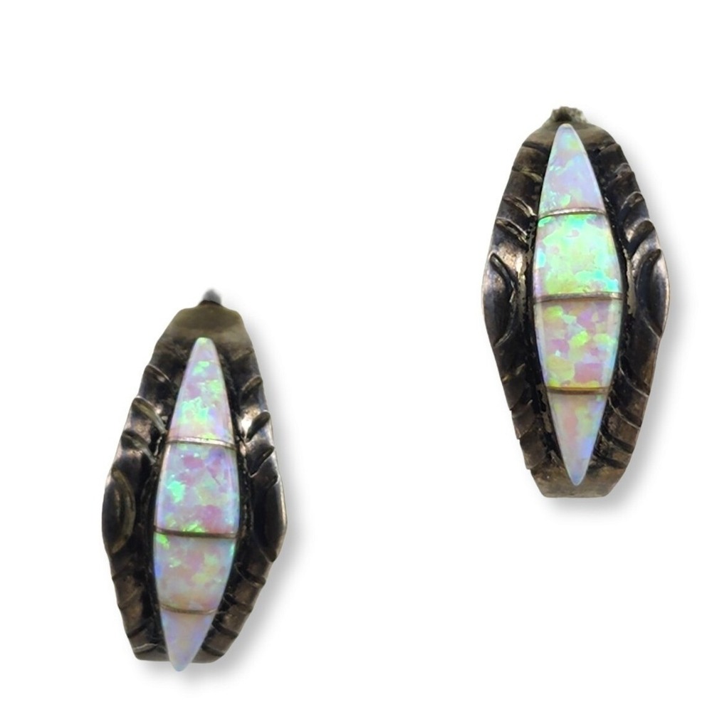 Vintage Earrings Sterling Silver 925 White Faux Opal Post Half Hoop Inlay